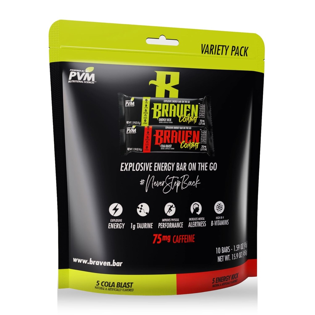 Braven Combat Variety Pack energiabaarid kofeiiniga (1,59 oz, pakend 10) - On-The-Go energiabaarid 75mg kofeiiniga - gluteenivabad suupisted