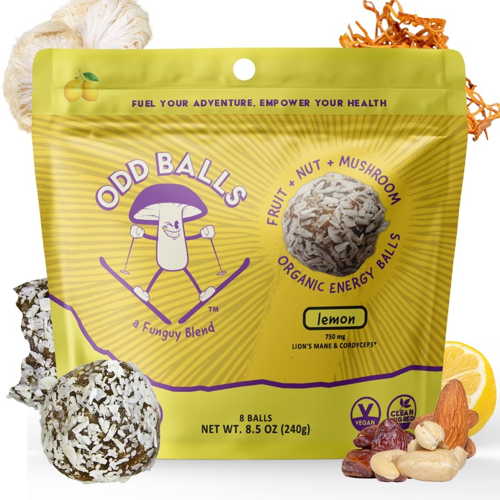 ODD BALLS Organic Energy Balls Sidrun - Superfood Seene Suupisted - Jooksmine, Jalgrattasõit, Matkamine - Gels, Bars Alternatiivne - Lõvi Mane Focus, Cordyceps Energy - Vegan, Gluteenivaba Snacks lastele ja täiskasvanutele