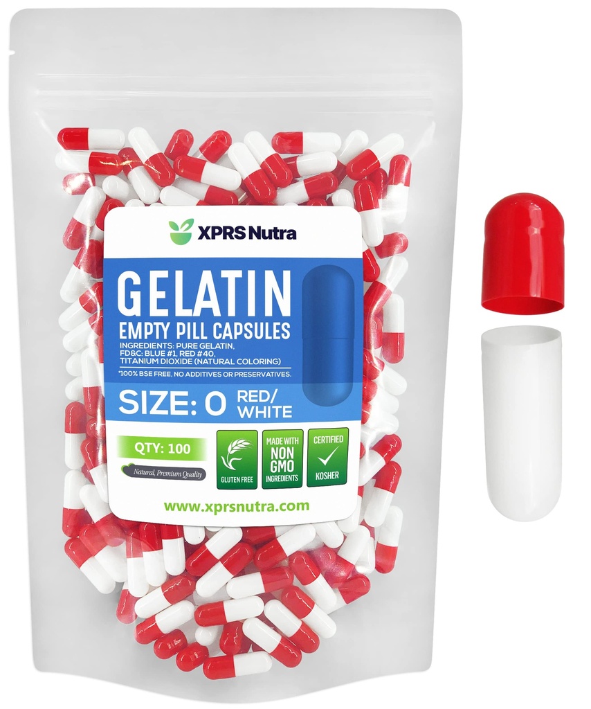XPRS Nutra suurus 0 Tühjad kapslid - 100 loend Tühjad želatiinkapslid - Pill DIY kapsli täitmine - Puhtad Veisepillid Gel kapslid Do-It-Yourself täiendused (punane / valge)