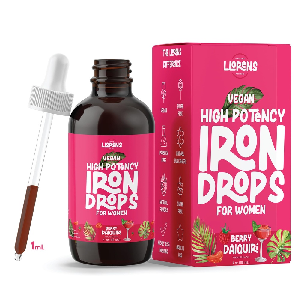LLORENS FARMACEUTICAL Iron Supplement for Women Raud tilkade igapäevane tugi, 20 mg polüsahhariidide kompleksi tasuta maitse, looduslikud magusained, vegan ja parabeen vaba (Berry Daiquiri, 4 Fl Oz)