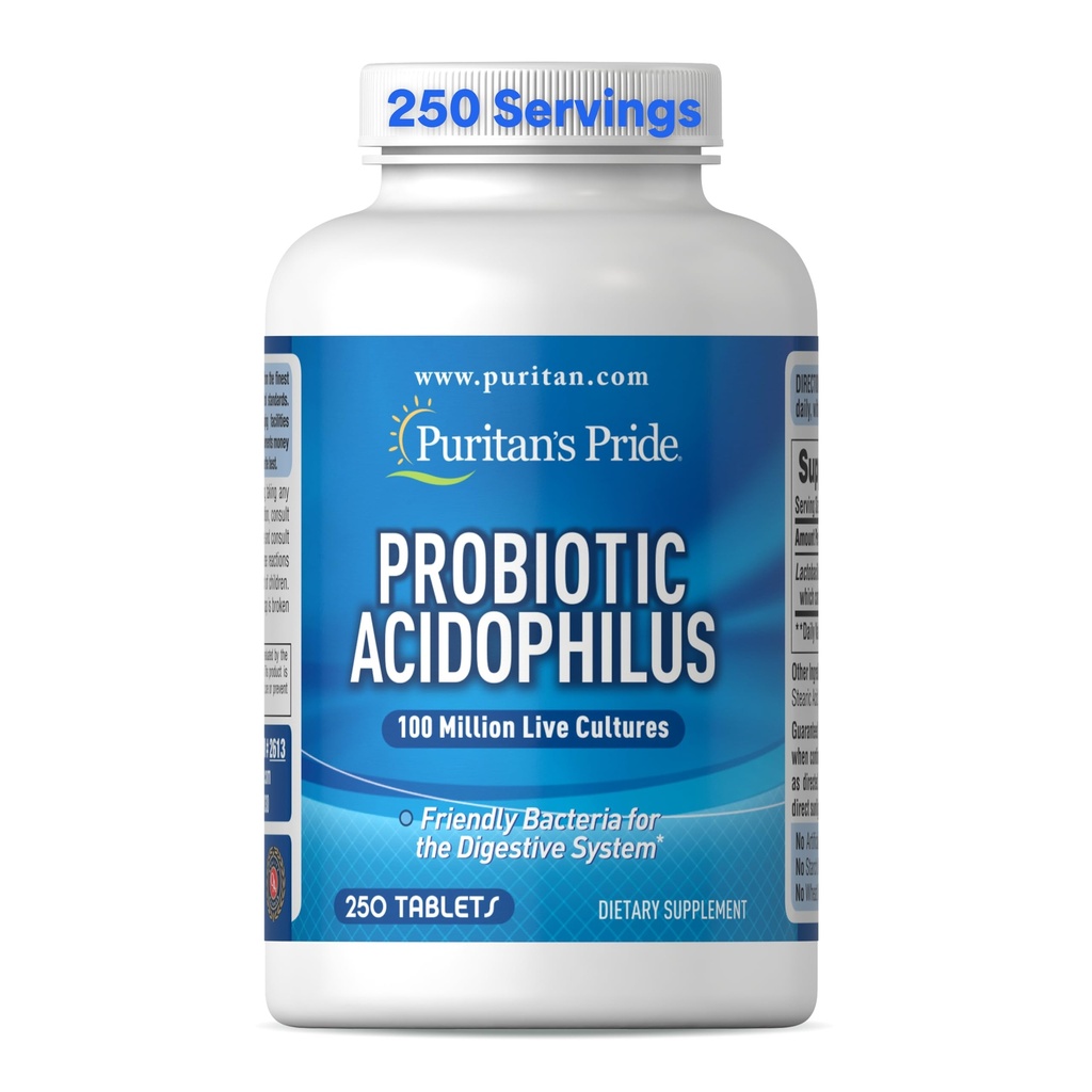 Puritan's Pride Daily Probiootiline Acidophilus, 100 miljonit eluskultuuri, seedetrakti, soolestiku ja immuunsuse toidulisand, soja, naatriumi ja gluteeni vaba, 8 kuu pakkumine, 250 tabletti