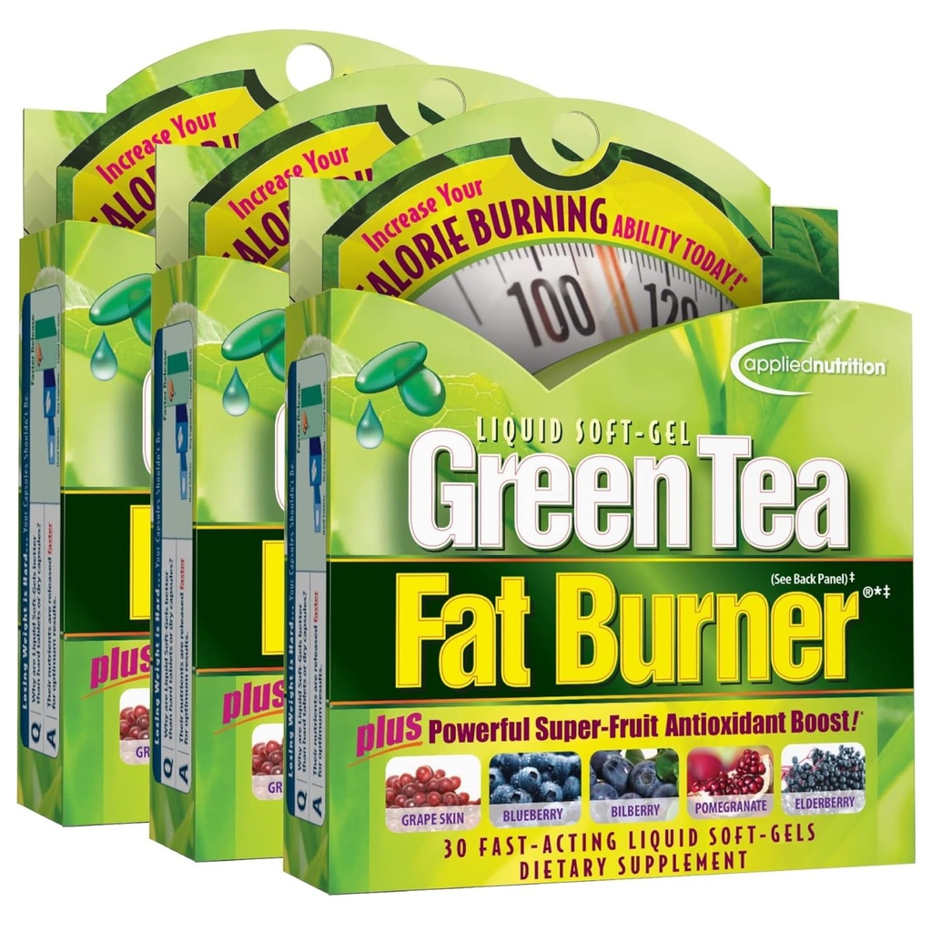 Applied Nutrition Green Tee Fat Burner - 30 Vedelad Soft-Gels, Pakend 3 - Suurendab Kalorite Põletamist Ja Tarnib Võimas Antioksüdandid - 45 Kokku Serving
