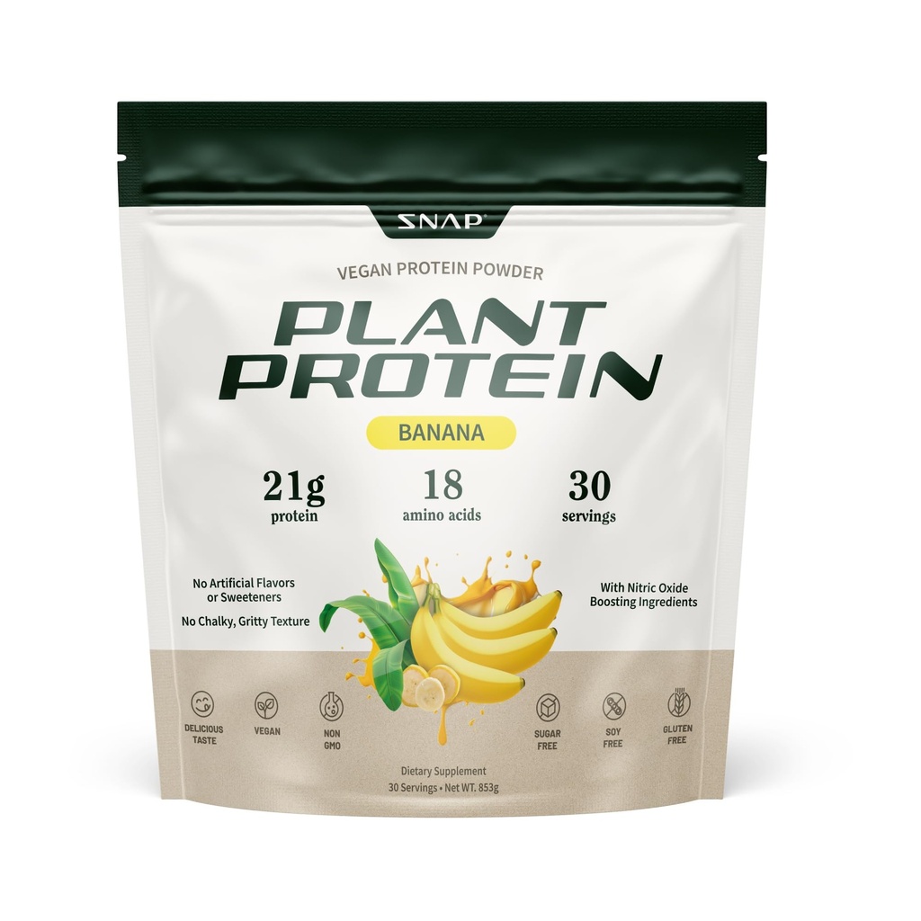 Snap Supplements Orgaaniline taimepõhine Veganvalk Pulber Lämmastikoksiidi Suurendamine Valgupulber, BCAA Aminohape lihaste kasvu, jõudluse ja taastumise - 30 Servings (Banana)