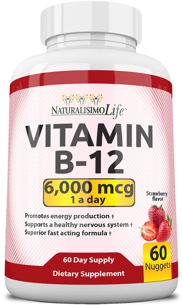 NaturalisimoLife Vitamiin B12 6000 mcg – Kiiresti lahustuv maasikamaitsepähklid – 60 Nuggets, Non-GMO, Vegan, Gluteenivaba