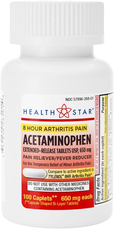 GeriCare Acetaminophen Extended-Release Arthritis 650mg Caplets, valu leevendaja, artriidi sümptomid, palaviku vähendamine, 100 loend (1. pakk)