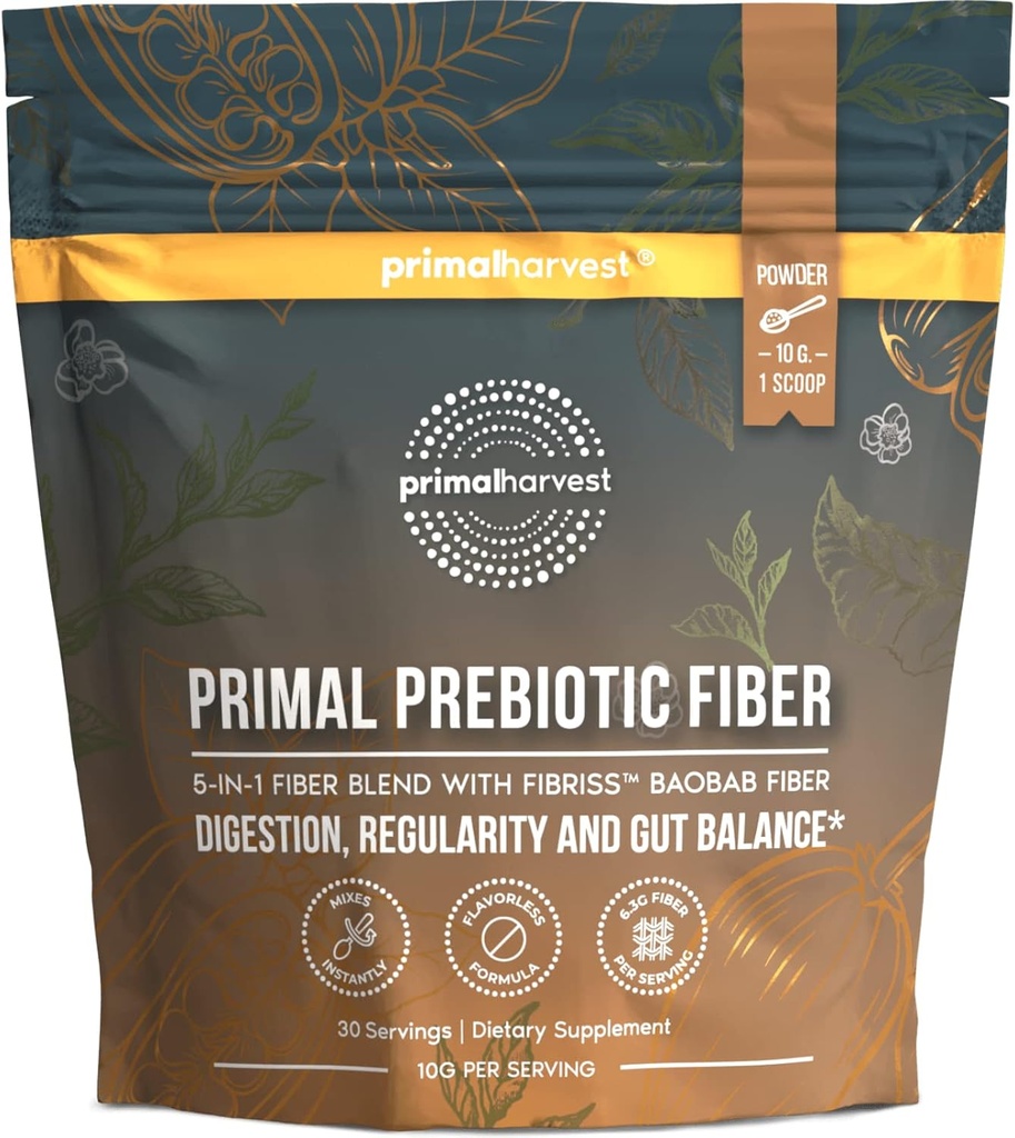 Primal Harvest Prebiootiline Fiber Pulber Maitsestamata, 30 Servings 5 in 1 Daily Supplement koos orgaanilise akaatsia ja Fibriss Organic Baobab pulber.