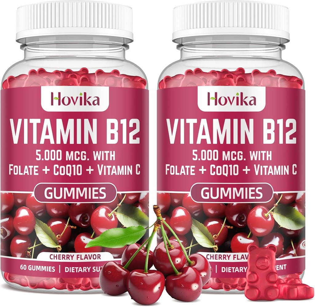 Vitamiin B12 kompleks 5000 mcg Metüül B12, adenosüül B12 ja hüdroksü B12 koos koensüümiga Q10, folaat, C-vitamiin, näritav B 12 energia toetamiseks, ainevahetus, luu tervis - kirsi maitse, 2 Pack