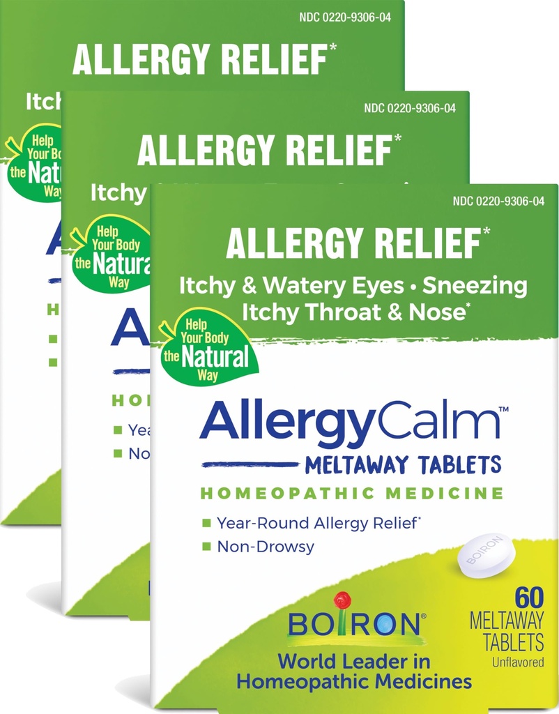 Boiron AllergyCalm tabletid 180 loendada, leevendust allergia ja heinapalavik Sümptomid aevastamine, Runny nina ja sügelevad silmad või kõri, Allergia Calm Tabs (varem RhinAllergy) (pakk 3 60ct Boxes)