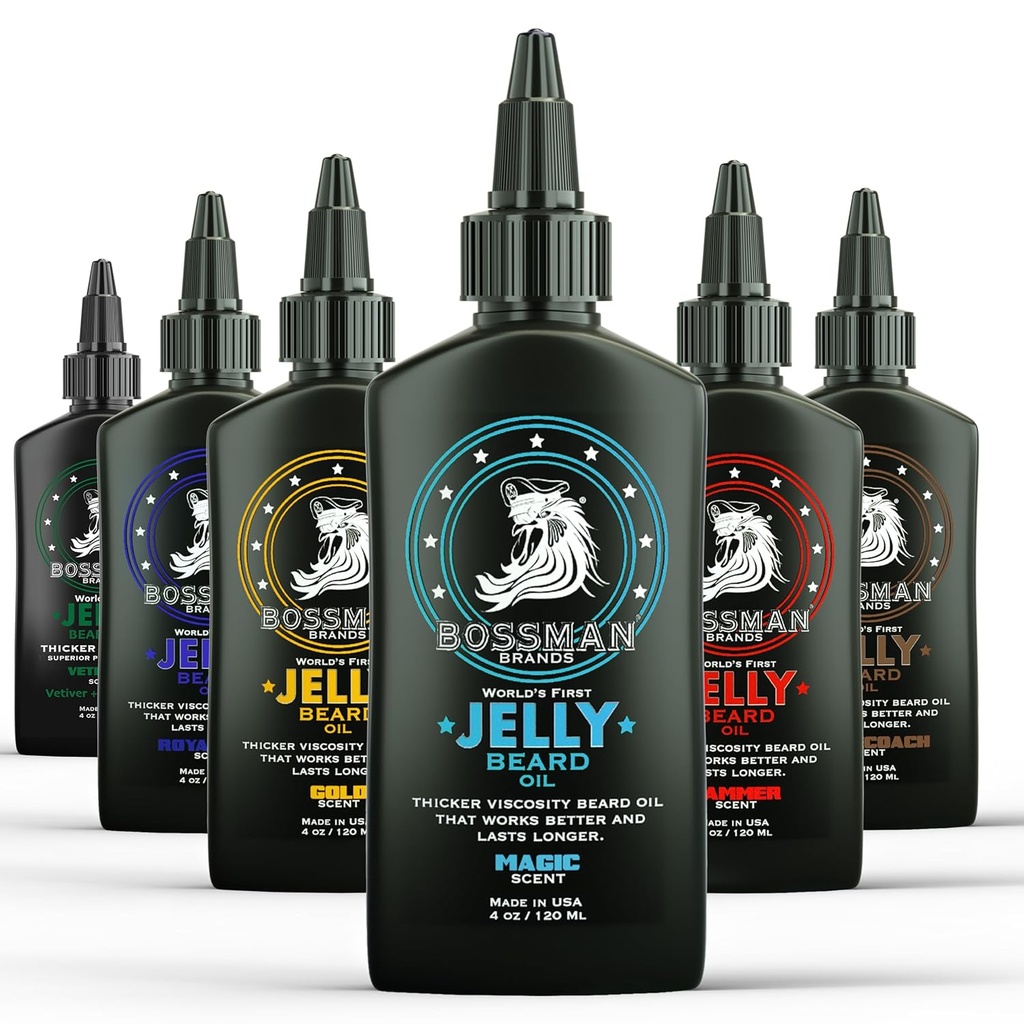 Bossman Jelly Beard Oil Variety Pack - Bear Grooming Care and Growth Kit - Kõik 6 Bear Jelly Oil Lõhnad - Valmistatud USA-s