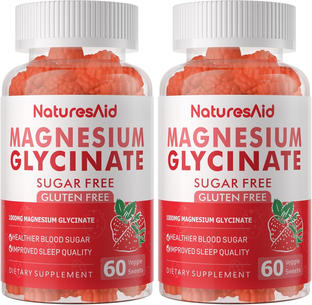 Magneesiumglütsinaatkummid 1000mg - suhkruvaba magneesiumi kaaliumilisand D-vitamiiniga, B6, CoQ10 rahuliku meeleolu ja une toetamiseks - 120 maasikakummid - 2 Pack