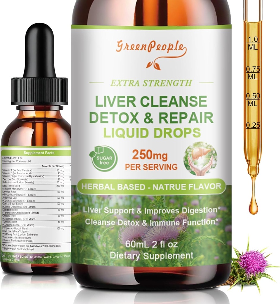 GREENPEOPLE Maksapuhastus Detox & Remondi tilgad - Maksalisand w / Piimohakas Silymarin, Artišokk & Dandelion Maksa Detox & Support - 16x Potent Taim-Toitained - 2Fl Oz Natural Maitse