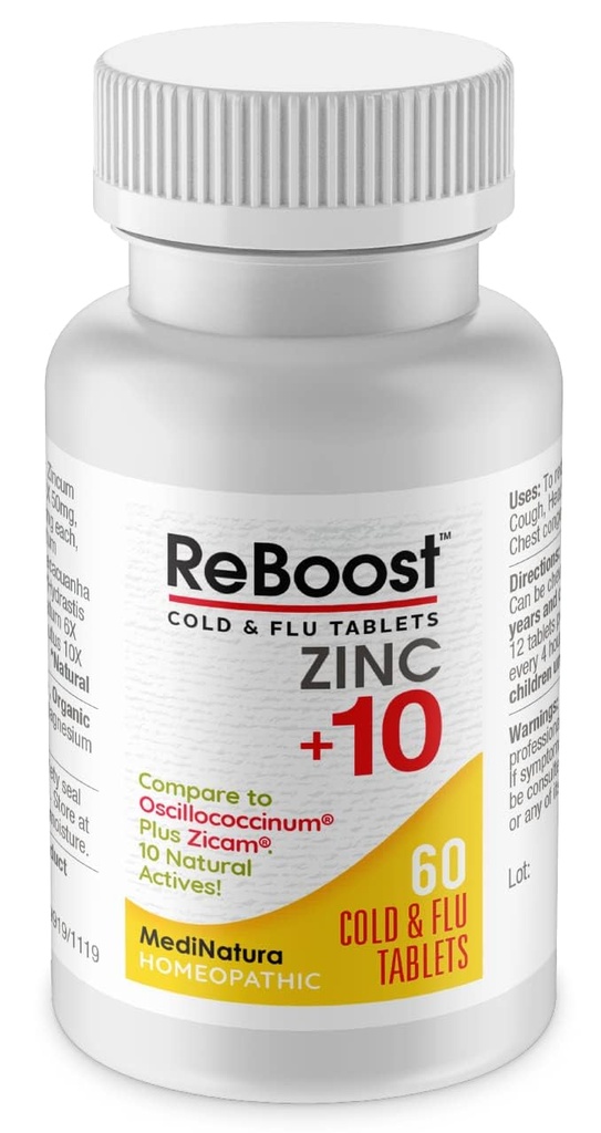 MediNatura ReBoost Zinc +10 MAX külma ja gripi sümptomite leevendamine kiire toimega, mitteuimas looduslik rahustav homöopaatiline aitab leevendada kogu keha ebamugavust, köha, väsimust, ummistusi - Sidrun - 60 tabletti