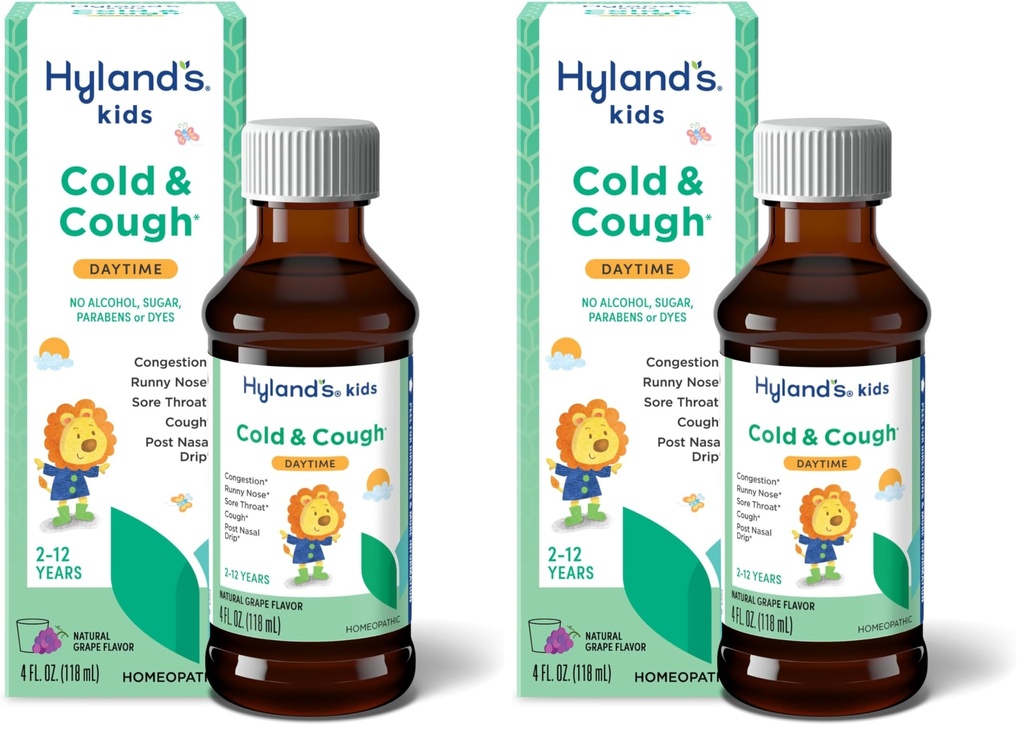 Hyland's Naturals Kids Cold & Cough, Daytime Viinamarjamaitselise Köha Siirupi ravim lastele vanuses 2+, dekongestant, valulik kurk ja allergia leevendamine, looduslik ravi tavalise külma sümptomid, 4 Fl Oz