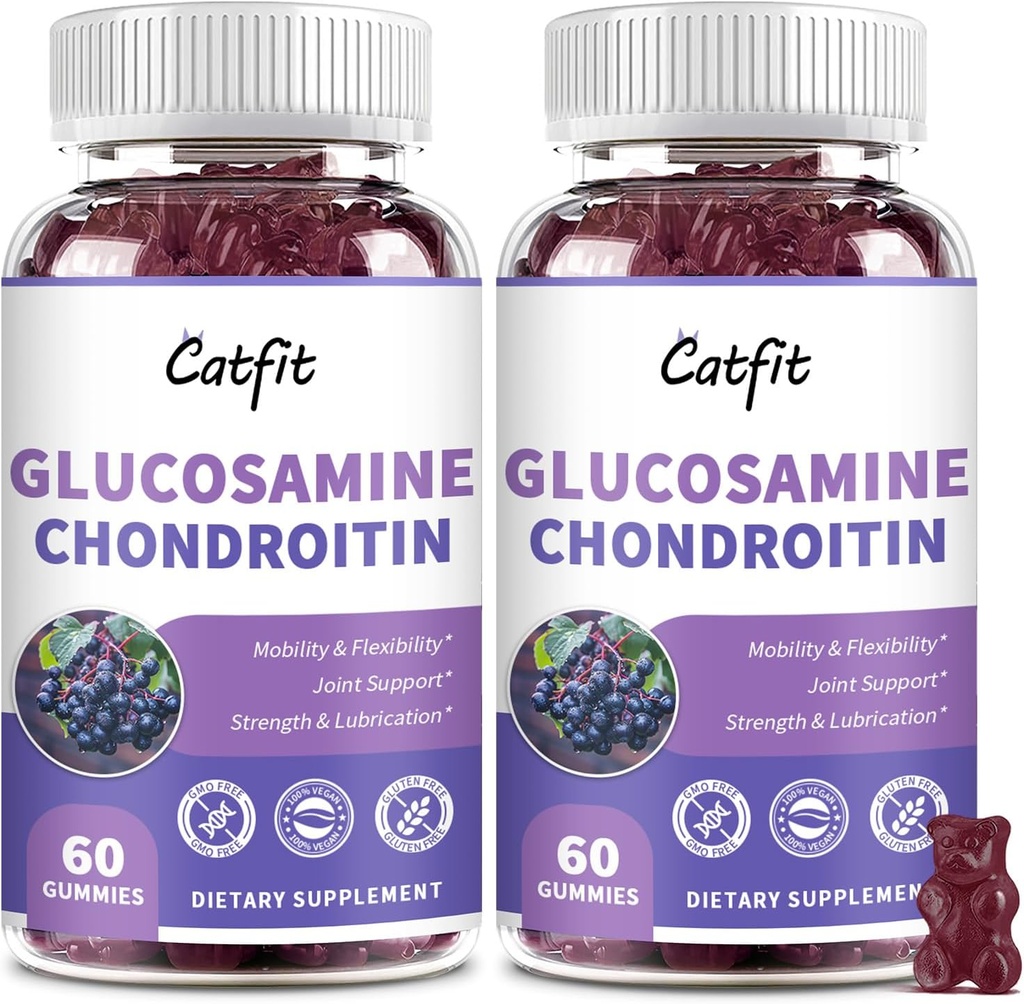 Catfit Glükosamiin Chondroitin Gummies, ekstra tugevus ühine tervisetoetus täiendada MSM ja Elderberry, Antioksüdant immuuntoetus täiendus täiskasvanutele meestele ja naistele (2 Pack)
