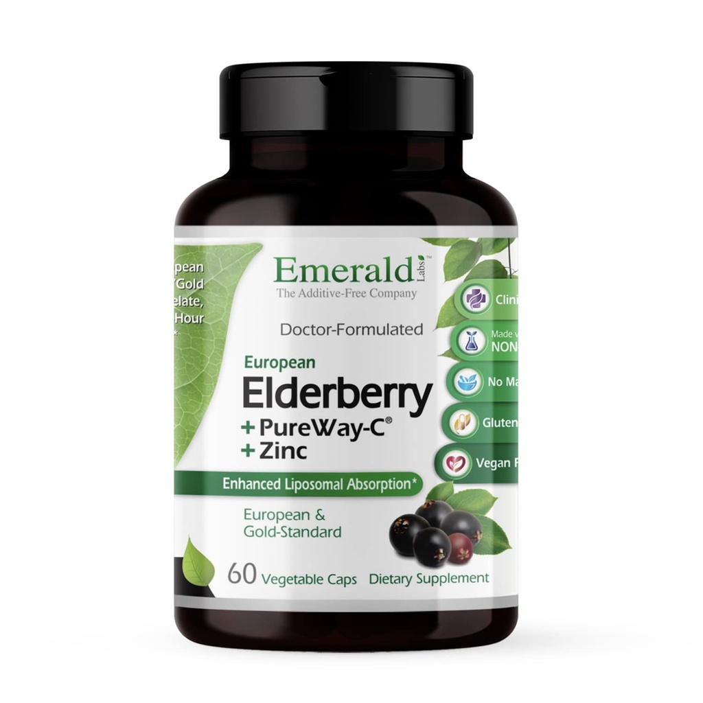 EMERALD LABS Elderberry Plus - Seedetrakti ja immuunsuse tugi Euroopa Elderberry ekstraktiga, C-vitamiin PureWay-C & Albion Kelaaditud tsink - Vegan & Gluteenivaba - 60 köögiviljakapslit (30-päevane pakkumine)