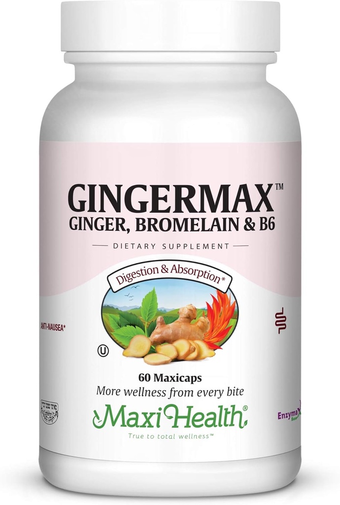 Maxi Health Gingermax - Ingver - Bromelain & Vitamiin B6 - Seedimine Tervis - 60 kapslit - Kosher