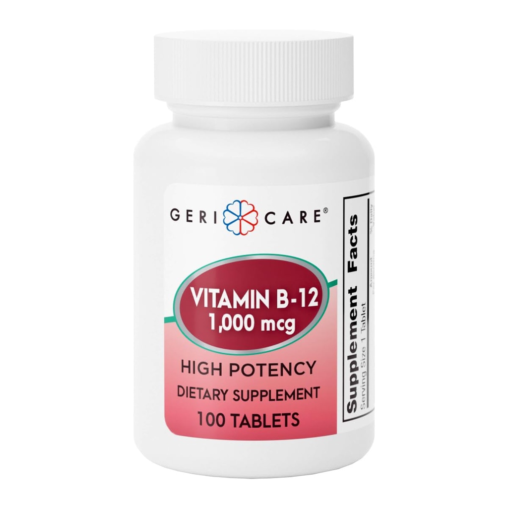 GeriCare Vitamiin B-12 1000mcg Kõrge potentsiga tabletid, Premium Dietary Supplement energia suurendamiseks, aju tervise toetamiseks ja tervisliku närvisüsteemi 100 arvu säilitamiseks (1. pakk)
