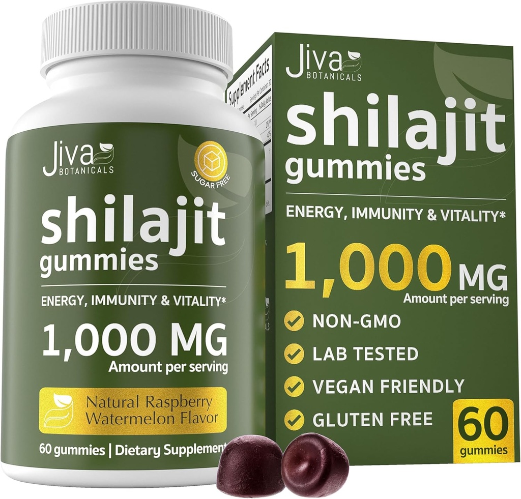 Jiva Botanicals Pure Shilajit alates Himaalaja Gummies meestele ja naistele - Shilajit Gummies 1000mg tervisliku vananemise, immuunsüsteemi ja normaalse energia toetuse - suhkruvaba, vegan, 60 Count (1. pakk)