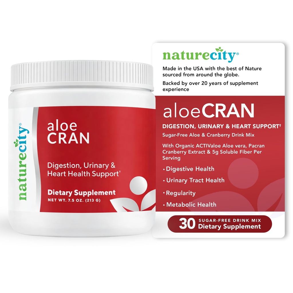 NatureCity AloeCran - puhas Aloe Vera segu Jõhvika pulbrilisandiga - suhkruvaba kiudainete segu seedetrakti ja kuseteede tervise jaoks - soolestiku ja ainevahetuse tervise tugi - 30 päeva tarne