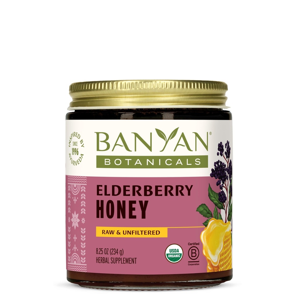 Banyan Botanicals Orgaaniline Elderberry Honey - Sambucus, Amla ja vahukommi - Elderberry Immune Support for Kids & Adults * - 8,25 Oz - toores, filtreerimata, tolmeldaja-sõbralik, jätkusuutlikult hangitud, Fair Wild