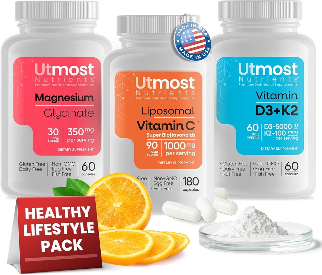 Liposomaalne C-vitamiin koos Super Bioflavonoididega 1000MG (180 kapslit), D3-vitamiin K2 5000IU (60 kapslit) ja magneesiumglütsinaat 350MG (60 kapslit) - mitte-GMO, gluteenivaba varustus