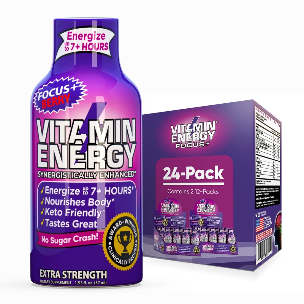 Vitamiinienergia fookus + ekstra tugevus Energia Shot Berry 24 Pack, 260mg looduslik kofeiin, B-vitamiinid, CoQ10, Aminohapped, fookus, tootlikkus ja selgus, nullsuhkur, gluteenivaba, 1,93 fl oz