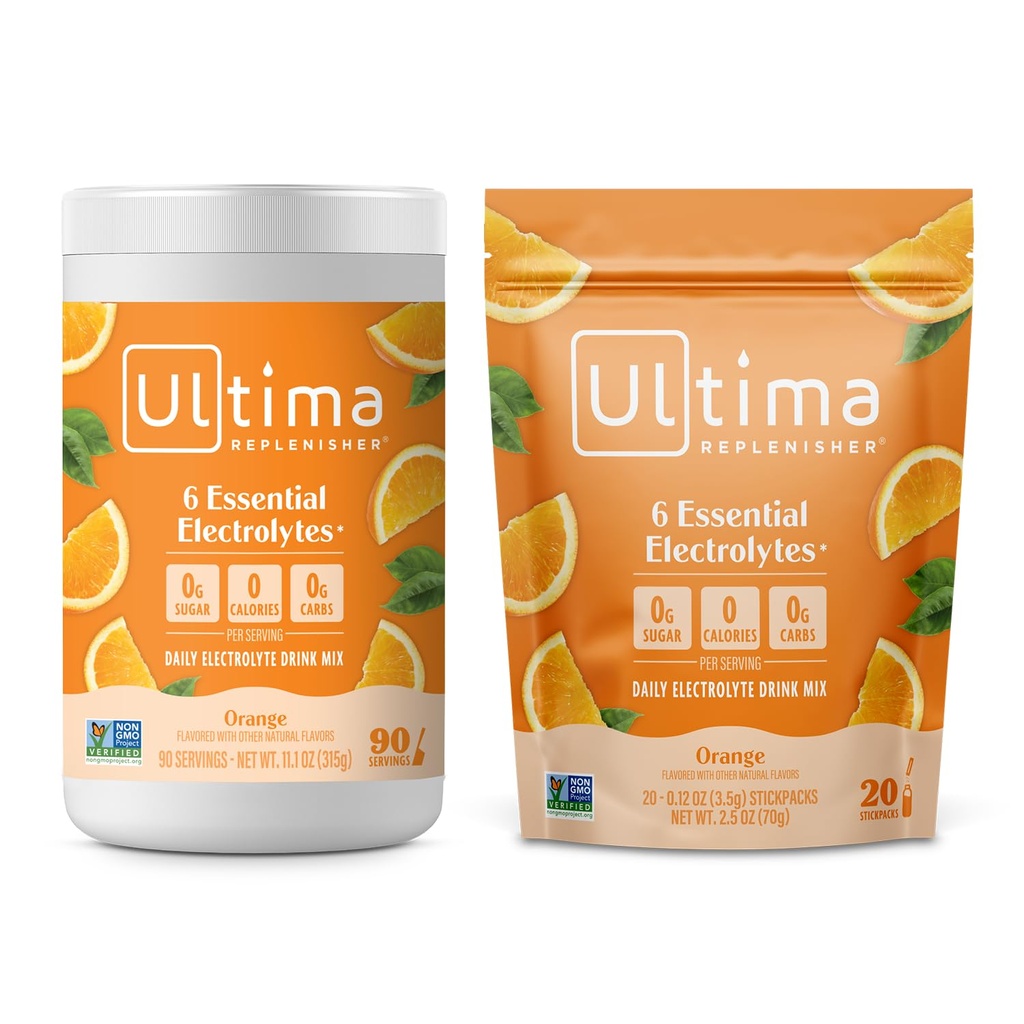 Ultima Replenisher Electrolyte Powder Drink Mix Bundle – Sugar Free – Orange, 90 Serving Canister ja 20 Stickpacks – 6 Elektrolüüti ja mineraale – Keto Friendly, Vegan, Non-GMO