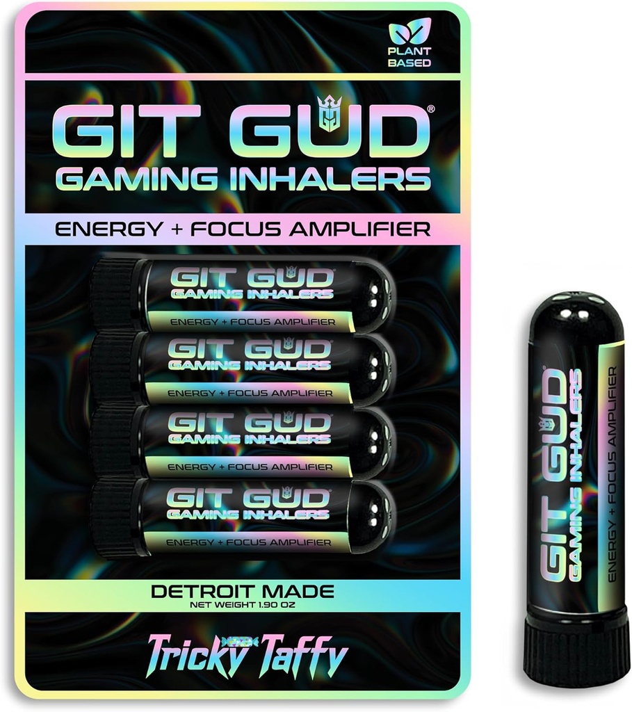 GIT GUD Energy Stick (4 Pack) Konkurentsivõimeline fookusvõimendi, värskendav rahapaja aroom, igapäevane kasutamine, kaasaskantav ühekordne, Tricky Taffy (Taffy Mint)