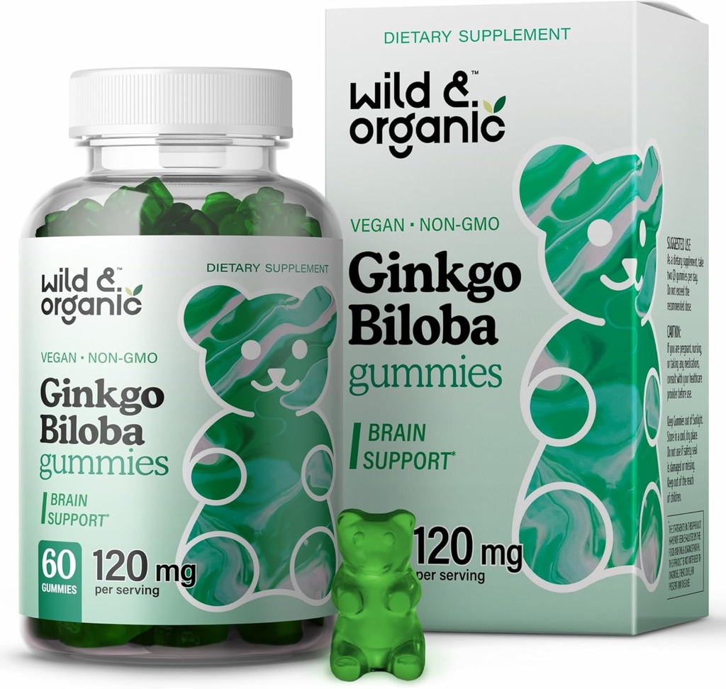 Wild & Organic Gingko Biloba 120mg Gummies - Aju toetus ja fookus täiendada w / Ginkgo Biloba Extract - Vegan, Non-GMO - 60 Pectin-Based taimsed närimiskummid