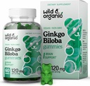 Wild & Organic Gingko Biloba 120mg Gummies - Aju toetus ja fookus täiendada w / Ginkgo Biloba Extract - Vegan, Non-GMO - 60 Pectin-Based taimsed närimiskummid