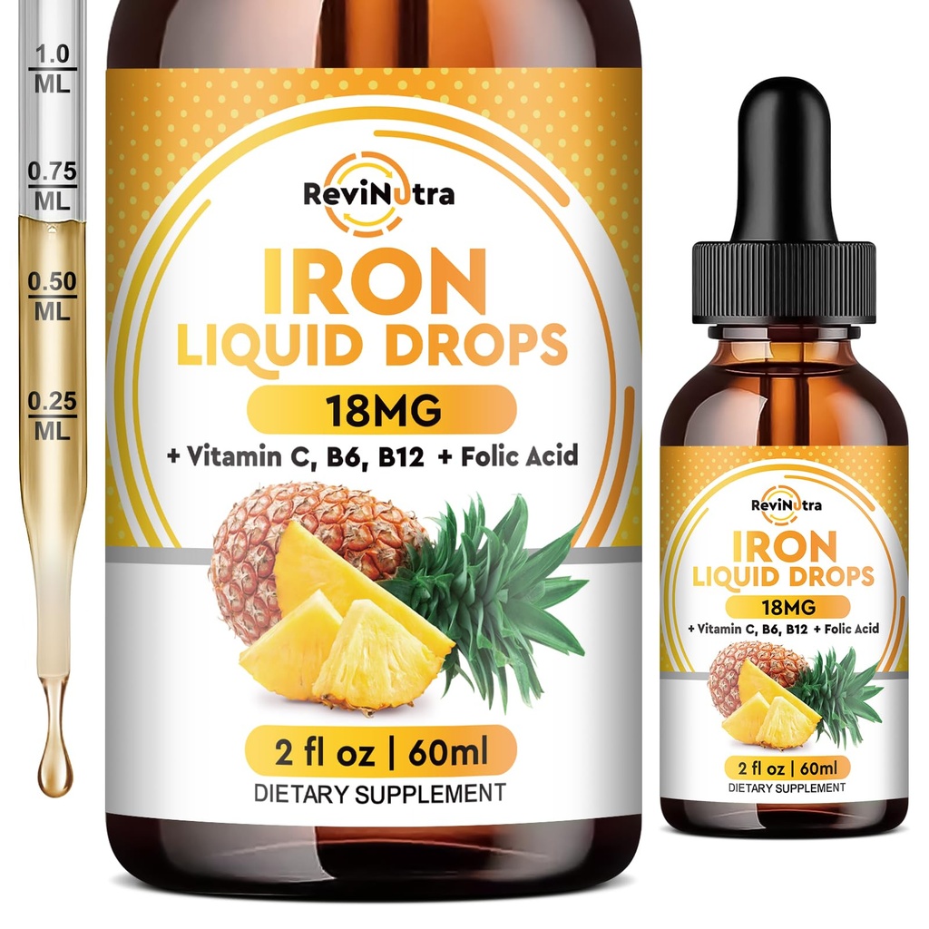 Vedel raualisand naistele, meestele ja lastele, vedelad rauatilgad folaadiga, vitamiin C, B6, B12 aneemia, punaste vereliblede, energiatoetuse, ananassimaitse, 2 Fl Oz