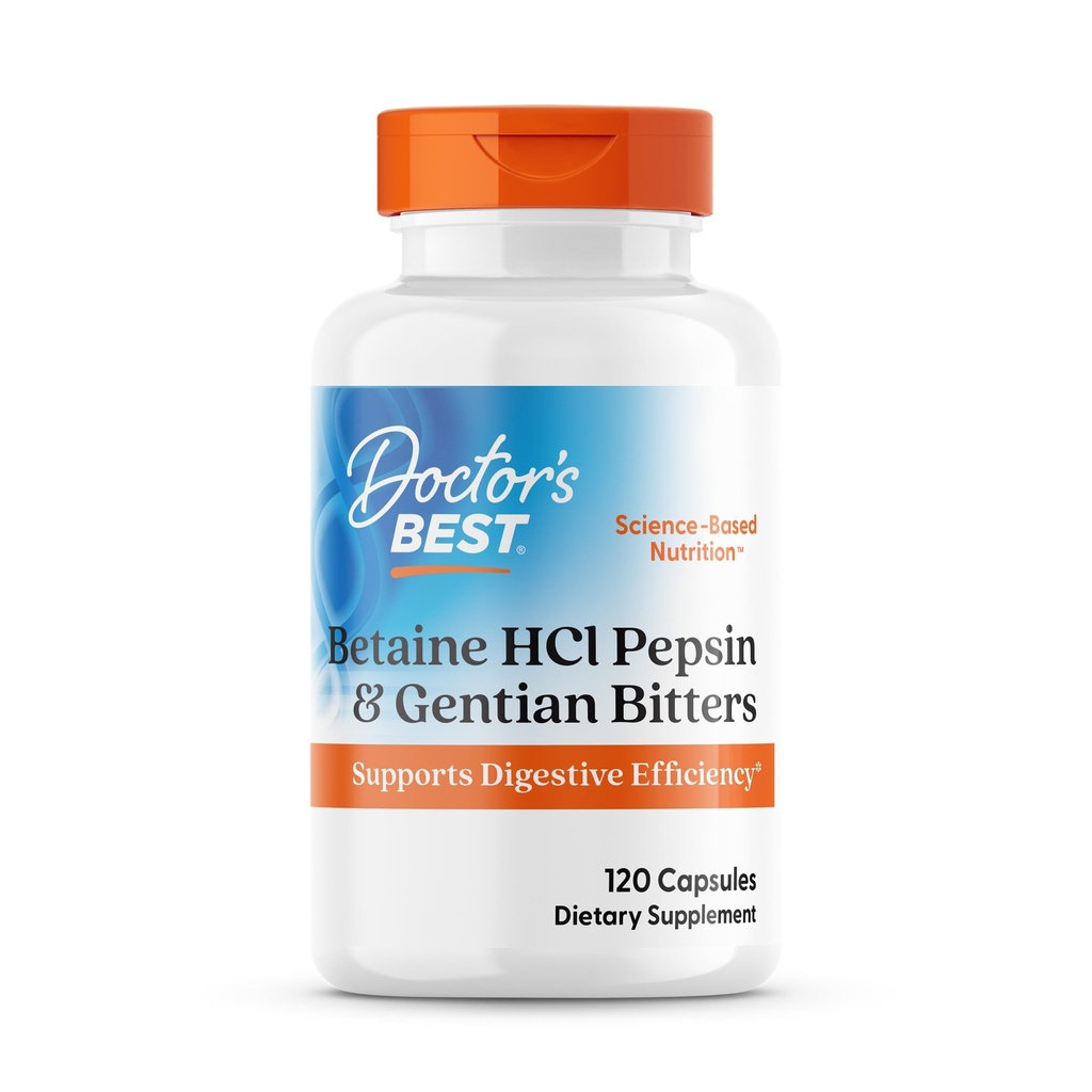 Doctor's Best Betaine HCI Pepsin & Gentian Bitters, seedetrakti ensüümid valkude lagunemiseks ja imendumiseks, mitte-GMO, Gluteenivaba, 120 kapslit, originaalversioon