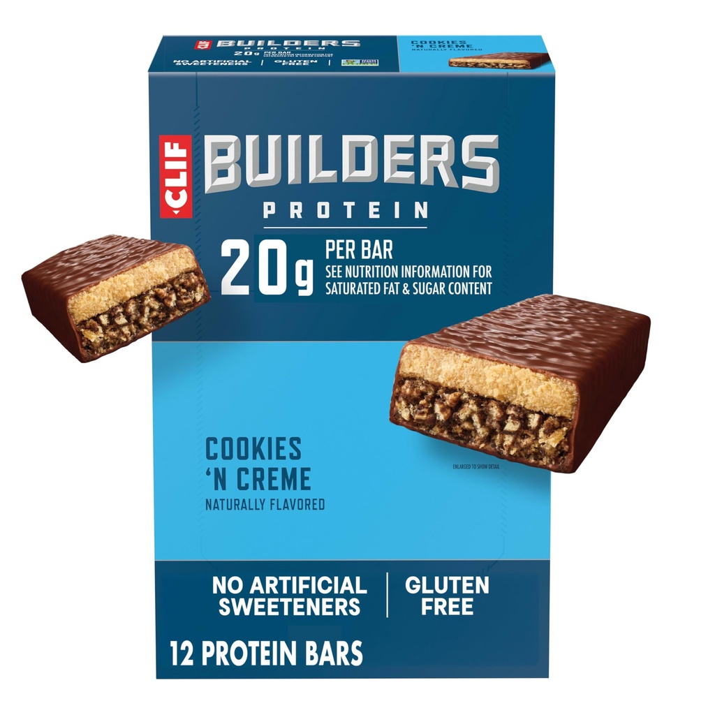 CLIF BUILDERS Protein Bars - Cookies 'n Cream Flavor - 20g Taimne Valk - Gluteenivaba - Mitte-GMO - Madal glükeemiline - Kunstlike magusainete puudumine - 2,4 oz. (12 Pack)