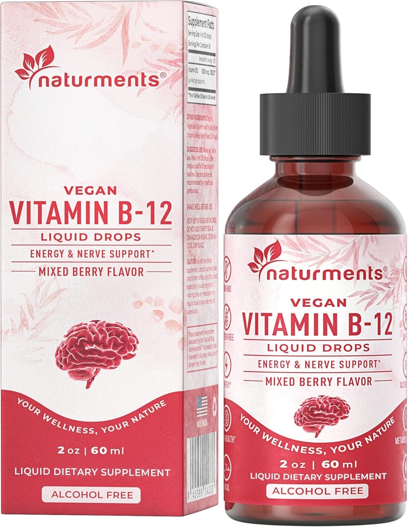 Toitained Vitamiin B12 5000 mcg Orgaaniline vedelik tilgad: energia ja närvide toetus - Vegan Alkoholivaba, mitte-GMO, suhkruvaba 2 Fl Oz