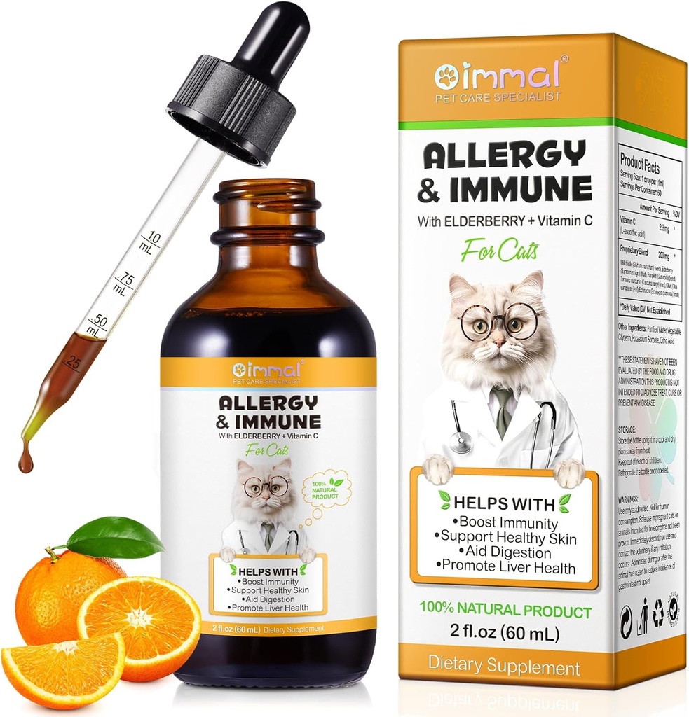 Allergia leevendamise tilgad kassidele, kassiallergia Immuunsuse tugevdaja Hooajaliste Allergiate Ja Seedetrakti Ravi, Tervislik Maks & Immuunsüsteem, Kassi maitsetaime täiendus C-vitamiiniga, Kana maitse - 60 ml/2fl.oz