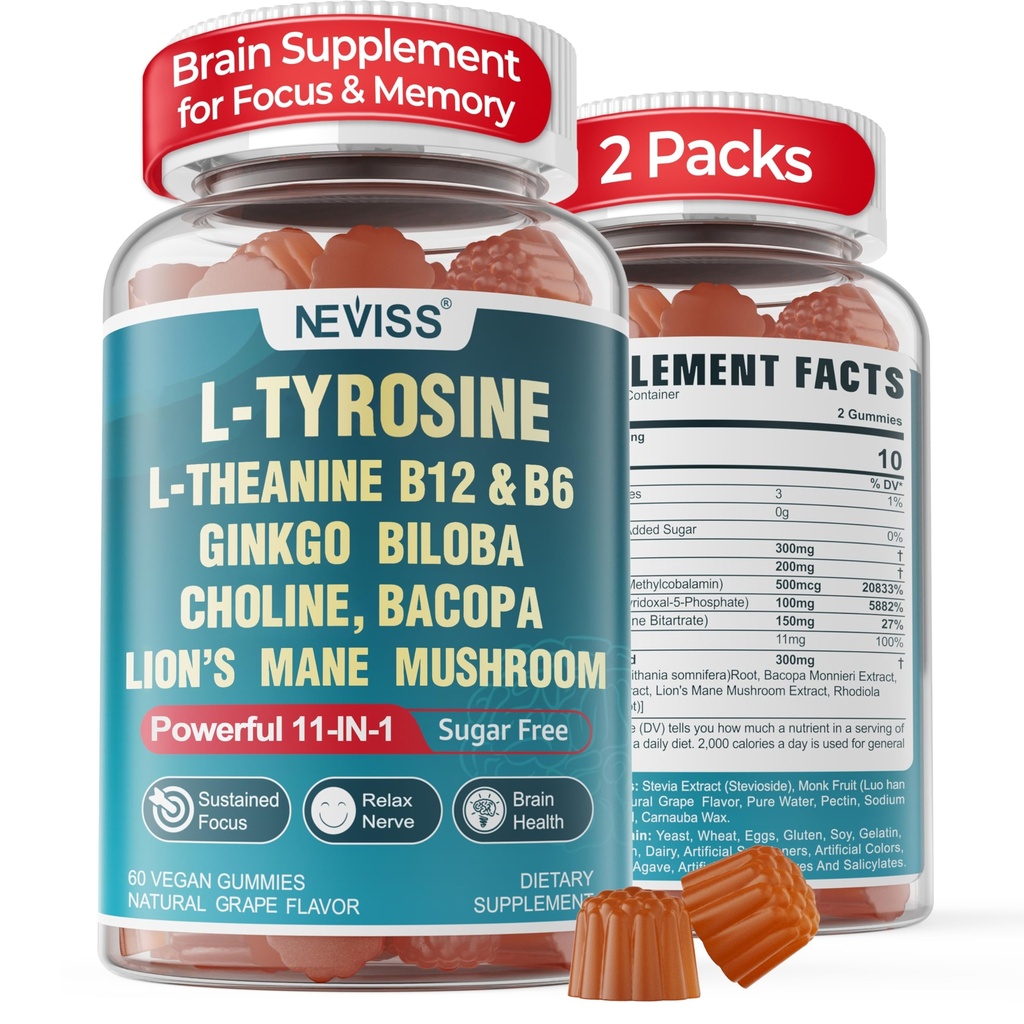 11-IN-1 aju lisand mälule ja fookusele L-türosiini L-teaniiniga, Metüülitud B12 & B6, Lõvi Mane Seene, Ginkgo Biloba, Bacopa Monnieri, Kooliin fookusele, Nootroopiline, Energia, 2Packs