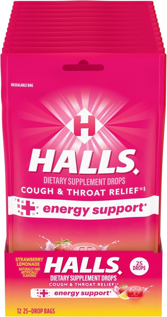 HALLS Relief + energiatoetus, maasika limonaadi köha tilgad, 12 kotti 25 tilka (300 kogu tilka)