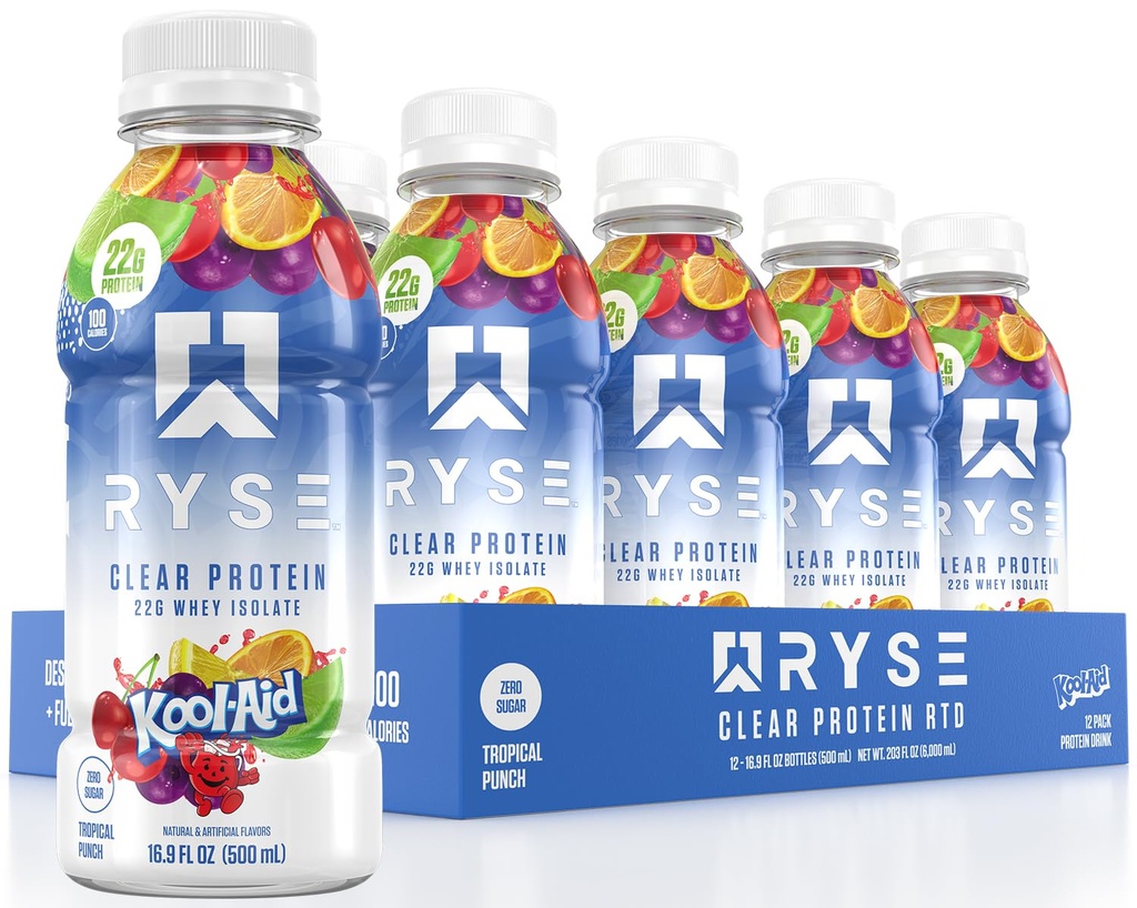 RYSE selge valgujook - Kool-Aid Tropical Punch - 100 kalorit, 22 g vadaku isolaatvalgu raputamine, suhkruvaba, 0 g rasva ja laktoosivaba - värskendav valmisjook - 16,9 fl oz pudelid (12-Pack)