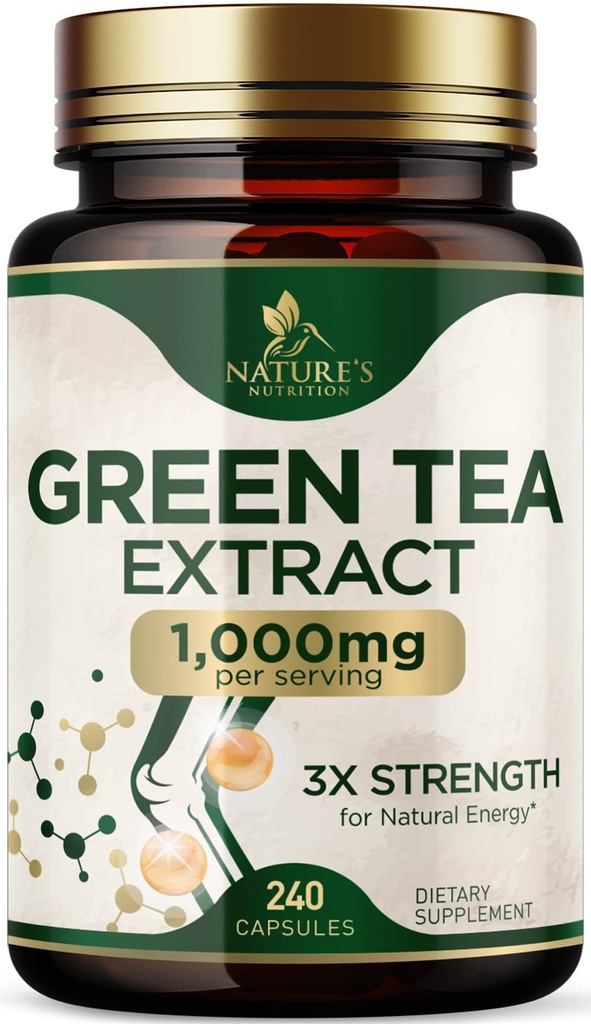 Rohelise tee ekstrakti kapslid 1000 mg - standardiseeritud 45% EGCG & 98% polüfenoolid - 3X Tugevus Roheline tee pillid loodusliku energia - toetab südame tervist, taimsete täiendada, vegan, non-GMO - 240 kapslit