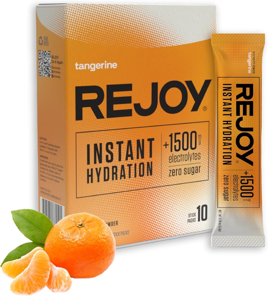Rejoy – Electrolyte Powder Packets, 10 Sticks – Hydration Drink Mix Supplement – Sugar Free, Keto ja Paleo Friendly, Vegan, Non-GMO, Easy Open Single-Serving Stick (mandariin)