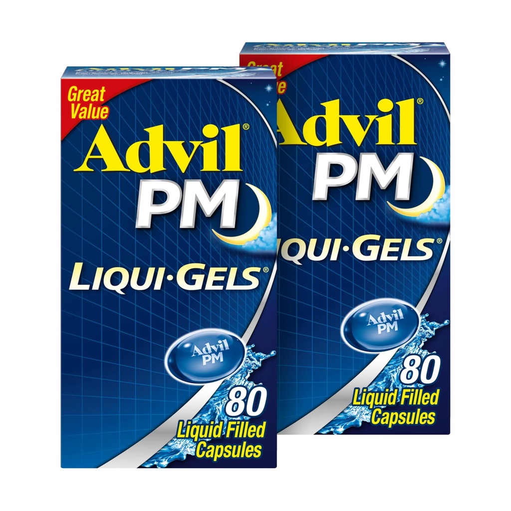 Advil PM Liqui-Gels Valu leevendamine ja öine uneabi, valuvaigistav ravim ibuprofeeniga valu leevendamiseks ja difenhüdramiin HCL uneabi jaoks - 2x80 vedelat täidetud kapslit