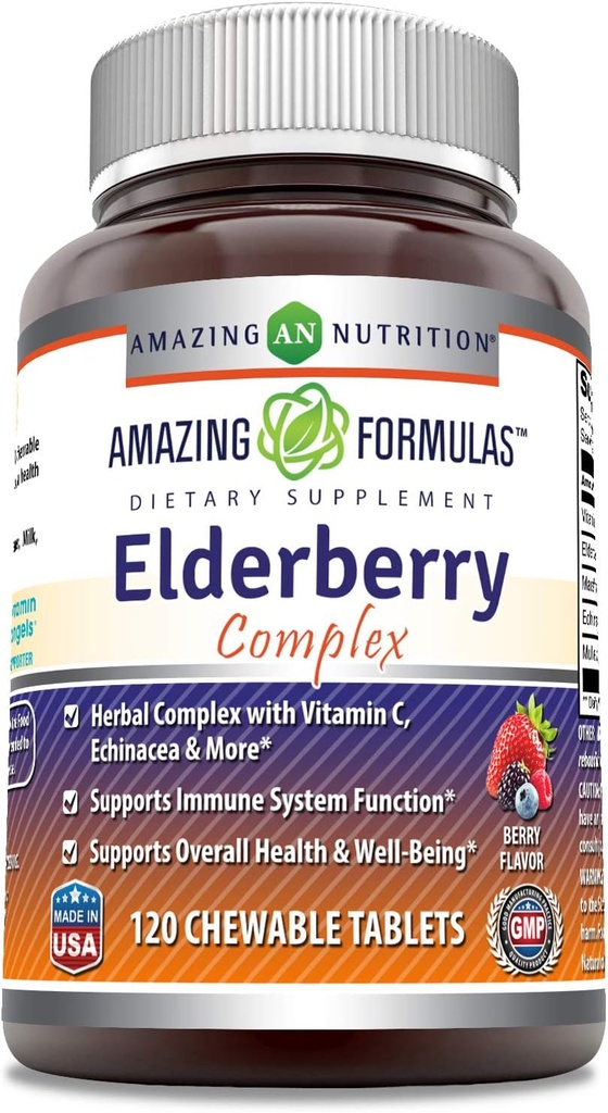 Amazing valemid Elderberry Complex Supplement | 120 närimistablette | Berry Flavor | Non-GMO | Gluteenivaba | Valmistatud USAs
