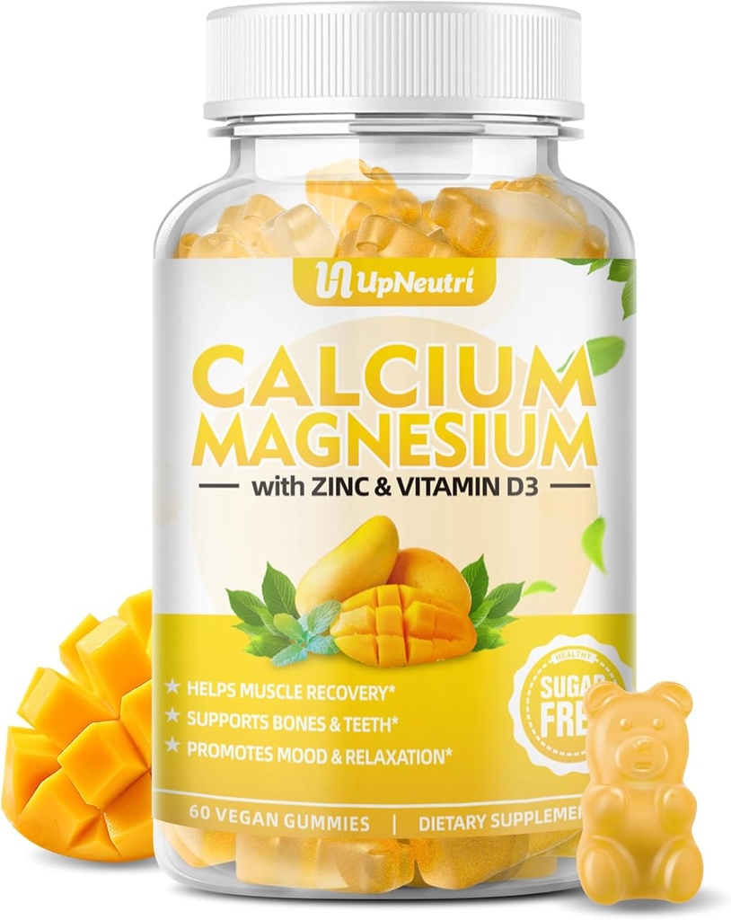 Calcium Magnesium Zinc with Vitamin D3 Supplement, Sugar Free Calcium Gummies for Women Men, High Absorption Zinc Gummies for Bone & Muscle & Immune Health, Vegan Mango Flavor - 60 Count