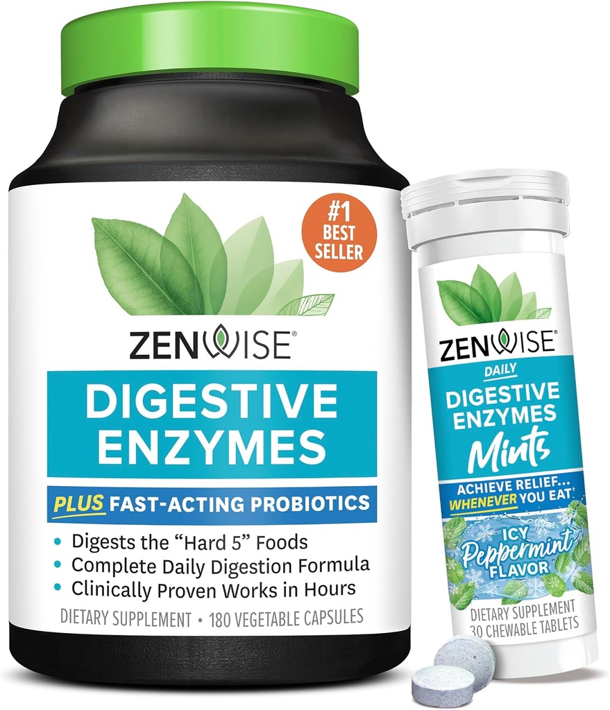 Zenwise Health Digestive ensüümid ja piparmündi närimistable - seedeensüümid, probiootilised multiensüümid probiootikumidega naistele ja meestele kapslites ja mugav näritav piparmünt