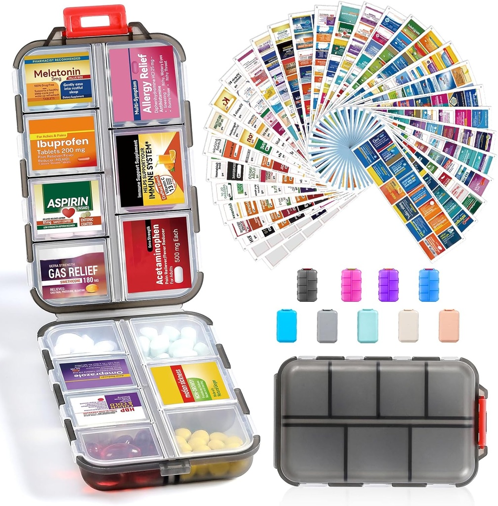 14 Grids Travel Pill Korraldaja Karp 415-Pcs Ravimi nimesildid - Tasku Daily Pharmacy Case Container Kit - Reisiravimite hoidja Fish Oil Vitamin Supplement Storage - Clean Grey