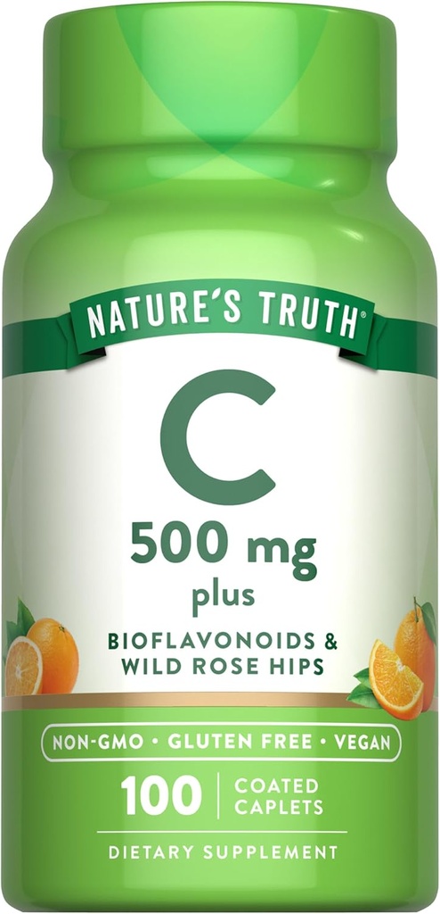 Nature's Truth Vitamin C with Rose Hips and Bioflavonoids | 500mg | 100 Caplets | Vegan, Non-GMO & Gluten Free
