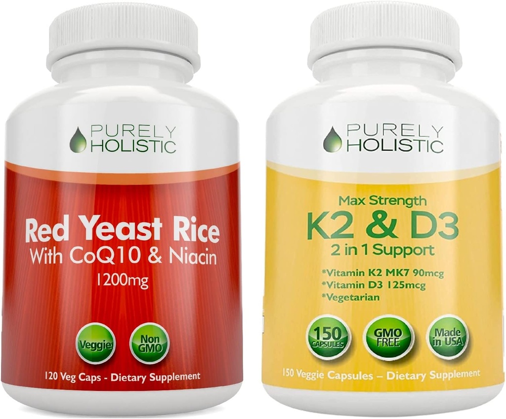 Puhtalt holistiline punane pärmseente riis 1200mg CoQ10 & niatsiin + vitamiin D3 5000 IU (125mcg) & K2 MK7 90mcg Bundle - 270 taimset kapslit - valmistatud USA-s