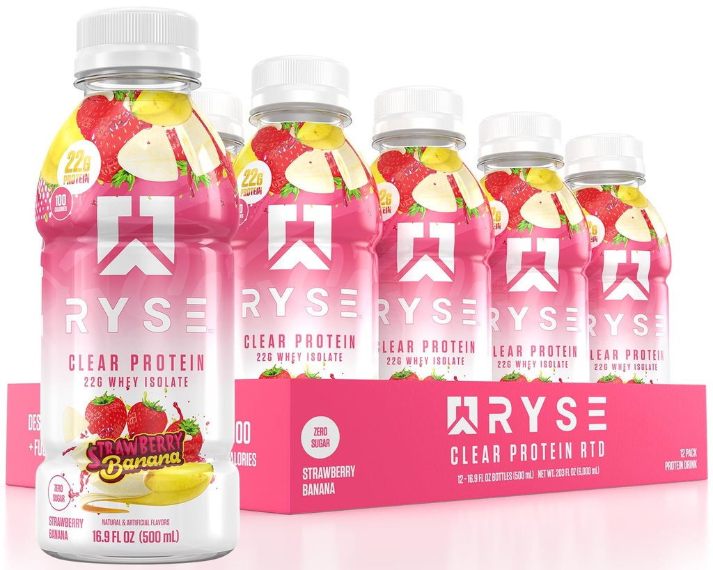 RYSE selge valgujook - maasika banaan - 100 kalorit, 22 g vadaku isolaatvalgu raputamine, suhkruvaba, 0 g rasva ja laktoosivaba - värskendav valmisjook - 16,9 fl oz pudelid (12-pakk)