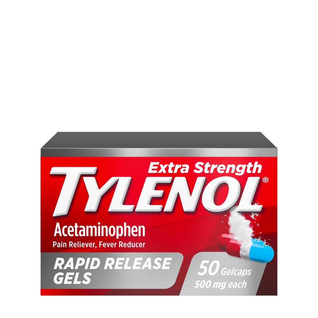 Tylenol Extra Tugevus Atsetaminofeen Kiire vabastav geelid, ekstra tugevuse valu Reliever & Palaviku vähendaja, Gelcaps Laser-Drilled Holes, 500 mg Acetaminophen, 50 ct
