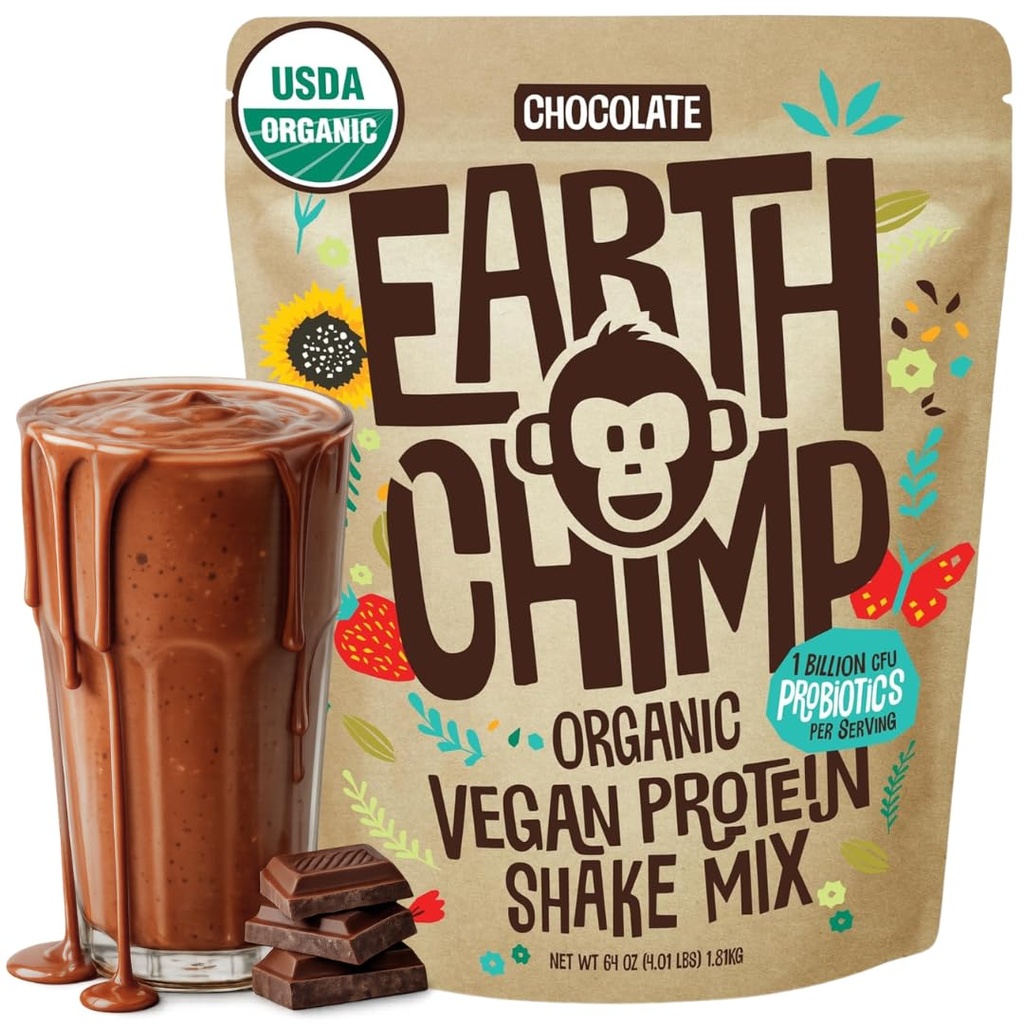 EarthChimp Organic Vegan Valgu Pulber - Probiootikumid - Non GMO, Piimavaba, Non Whey, Taimne Valgu Pulber Naistele ja Meestele, Gluteenivaba - 52 Servings, 64 Oz (Šokolaad)